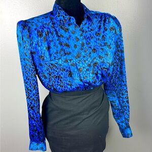 Tess Paris Milano Vintage Royal Blue Black Marble Pleated Design Blouse